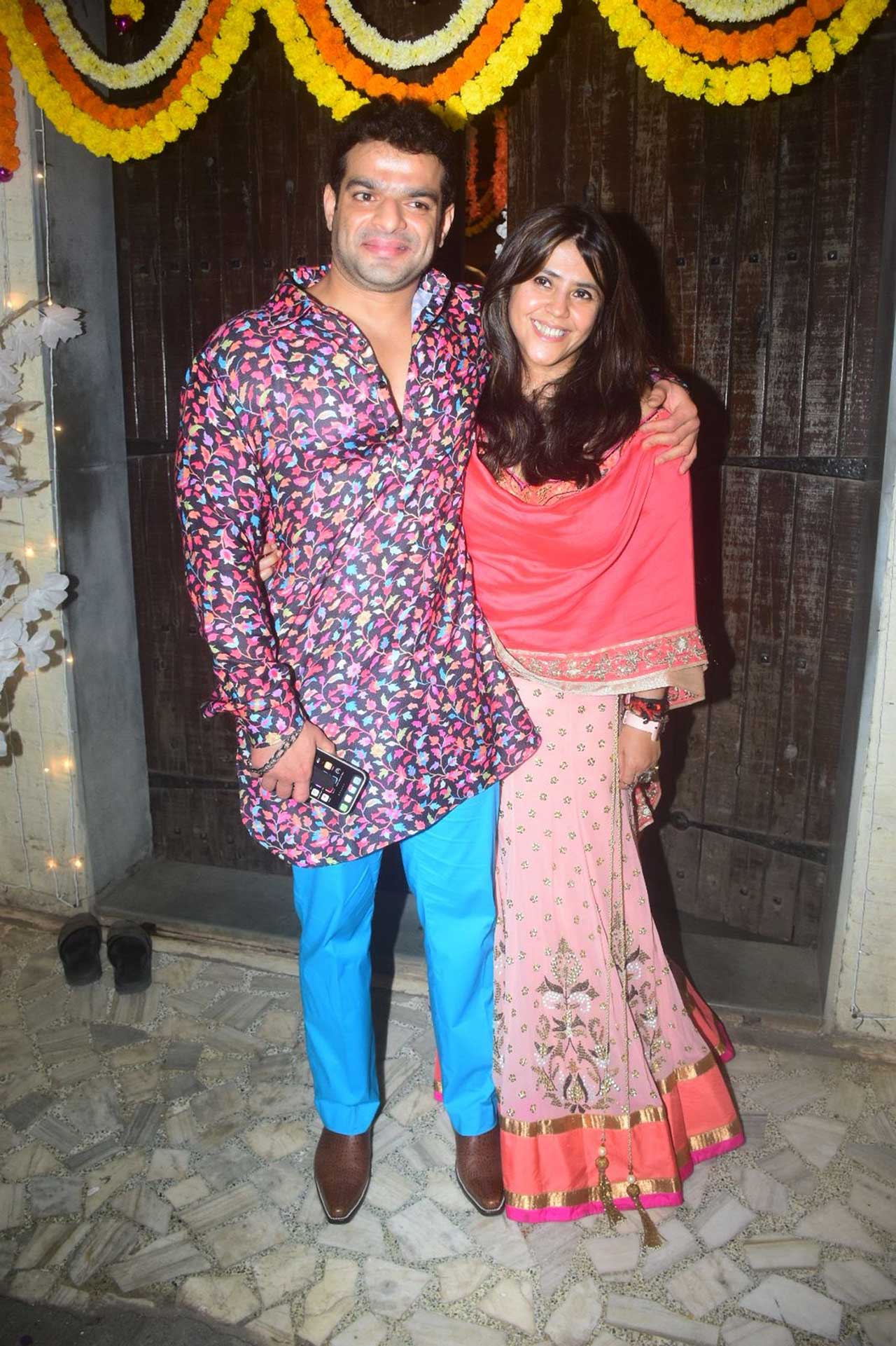 Producer Ekta Kapoor wore a peach coloured lehenga suit with embroidery work. Like always, Ekta opted for a minimal make-up to finish her look.
